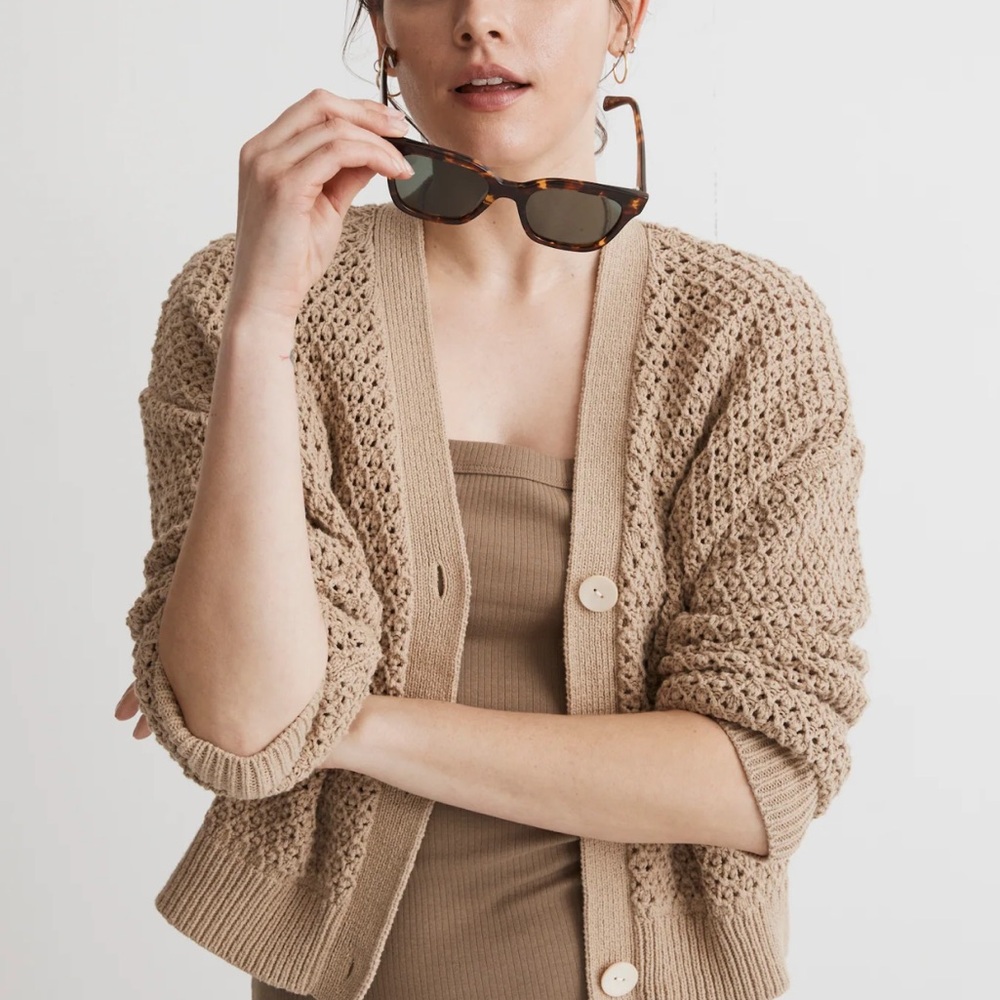 Madewell Open Stitch Crop Cardigan Sweater | Heather Brown Sugar | Size S